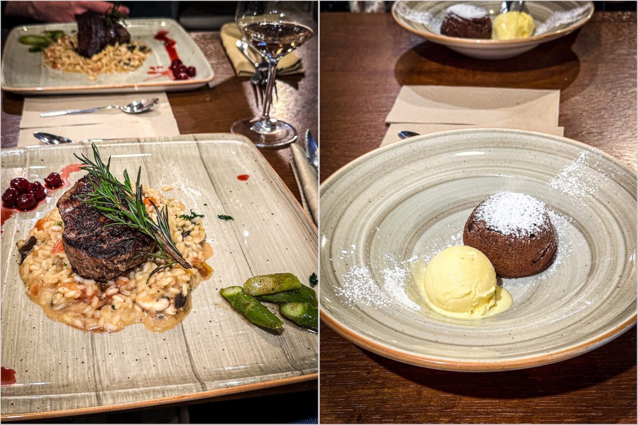 Вляво пепър стек, вдясно шоколадово гато