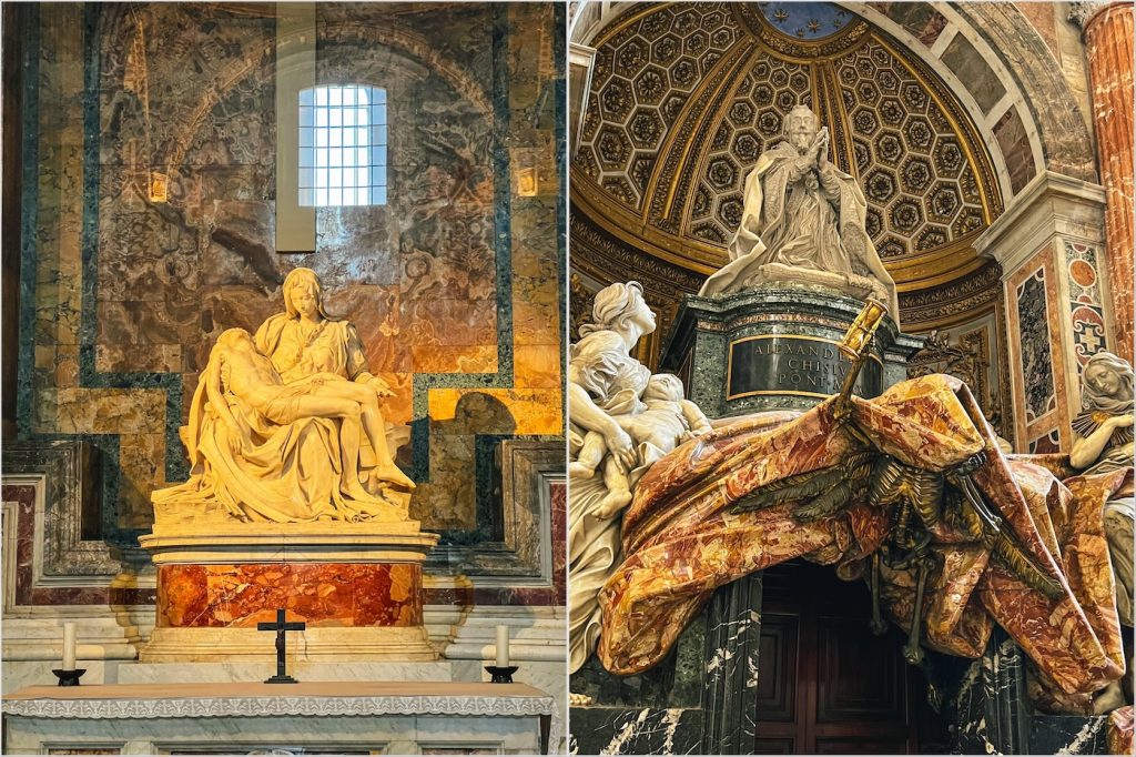 От ляво е скулптурата pieta на Микеланджело. Забележете колко точно е пресъздадено състраданието на Дева Мария към нейния син